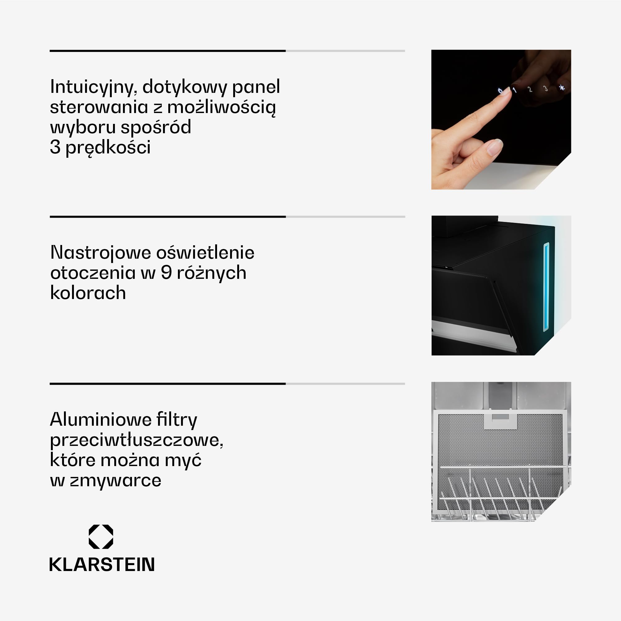 Klarstein Alina Okap kuchenny skośny – 60 cm, przepływ 600 m³/h, panel dotykowy, podświetlenie LED, cichy 68 dB, klasa energetyczna A, czarny, tryb wyciągu i recyrkulacji