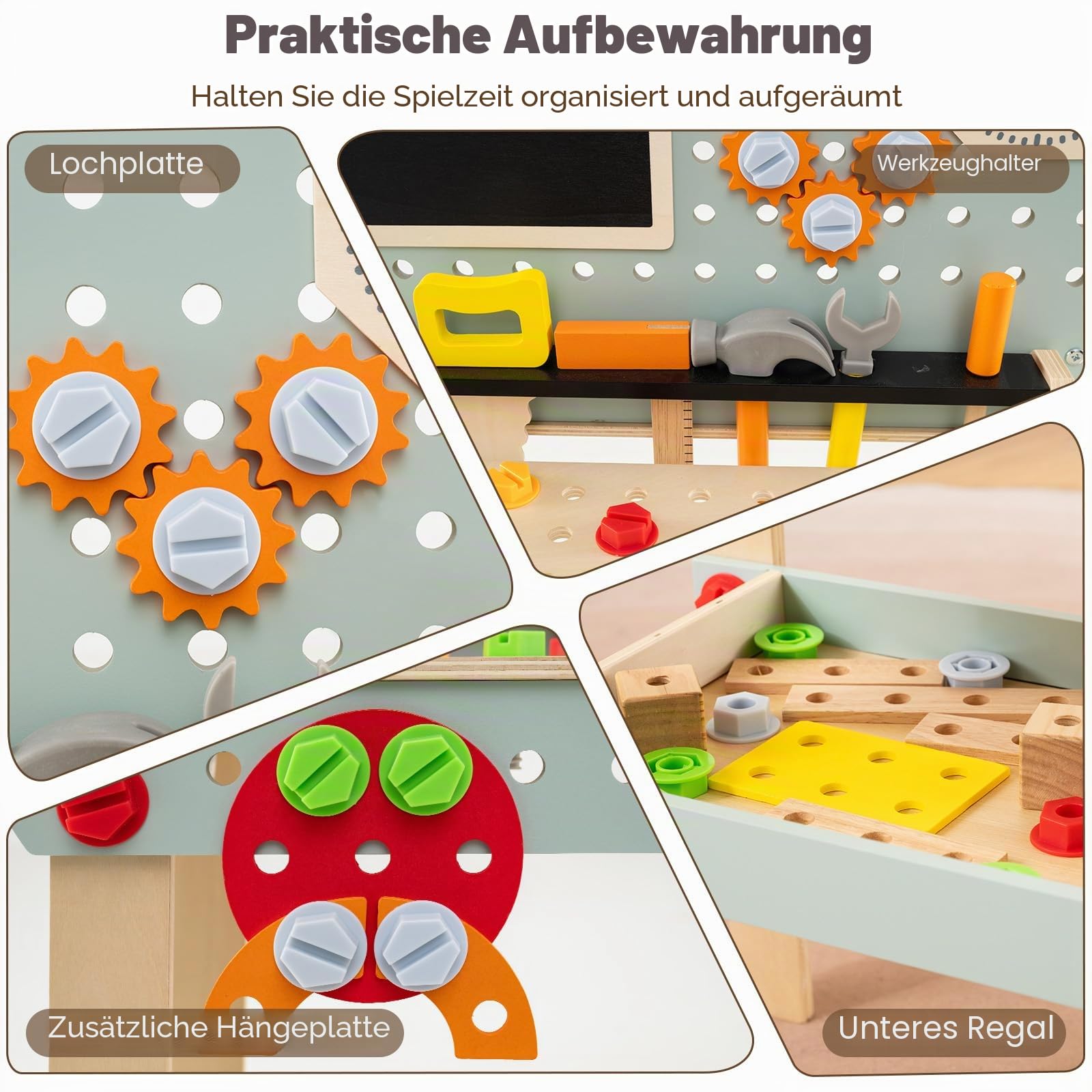 HOMASIS Werkzeugbank Kinder, Werkbank Spielwerkbank Holz, Werkstatt mit 33 TLG. Zubehör & Tafel & Arbeitsplatte & unteren Ablage, Spielzeug-Werkbank Kinderwerkbank ab 3 Jahre (54x30x83cm)