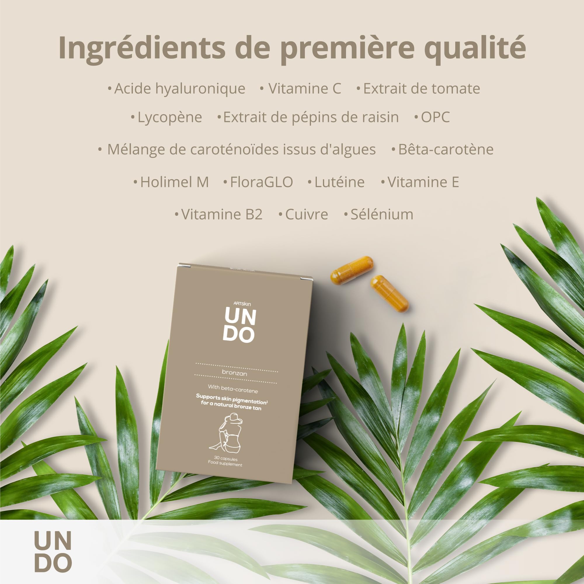 Sensilab Undo Bronzan - Gélules Bêta-Carotène, 30 Gélules | Acide Hyaluronique, Lycopène, Sélénium, le Cuivre contribue à une Pigmentation Normale de la Peau