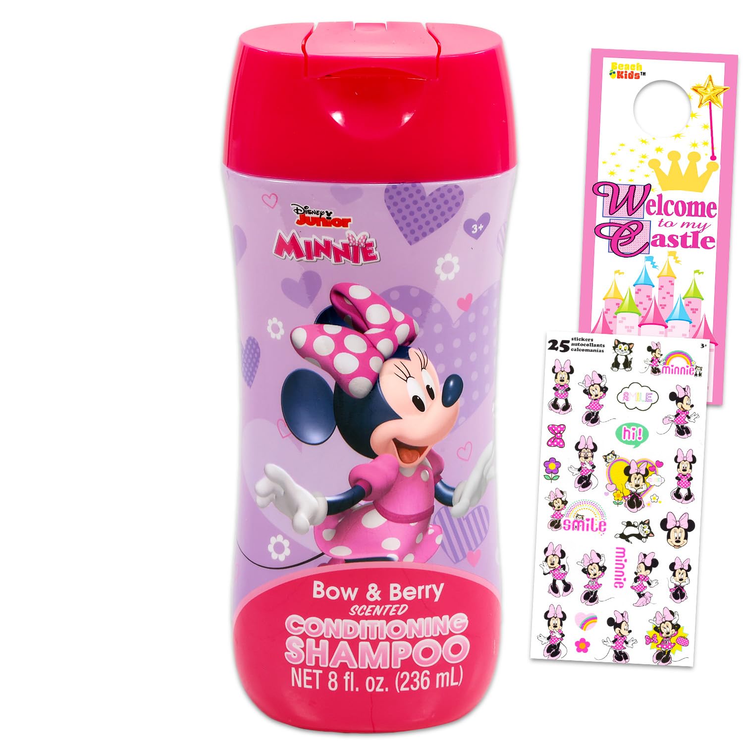Minnie Mouse Kids Shampoo, Conditioner, Body Wash 8 Oz Bottle - Bundle with 3-in-1 Berry Scented Body Wash, Shampoo & Conditioner Plus Stickers, More | Minnie Bathroom Set