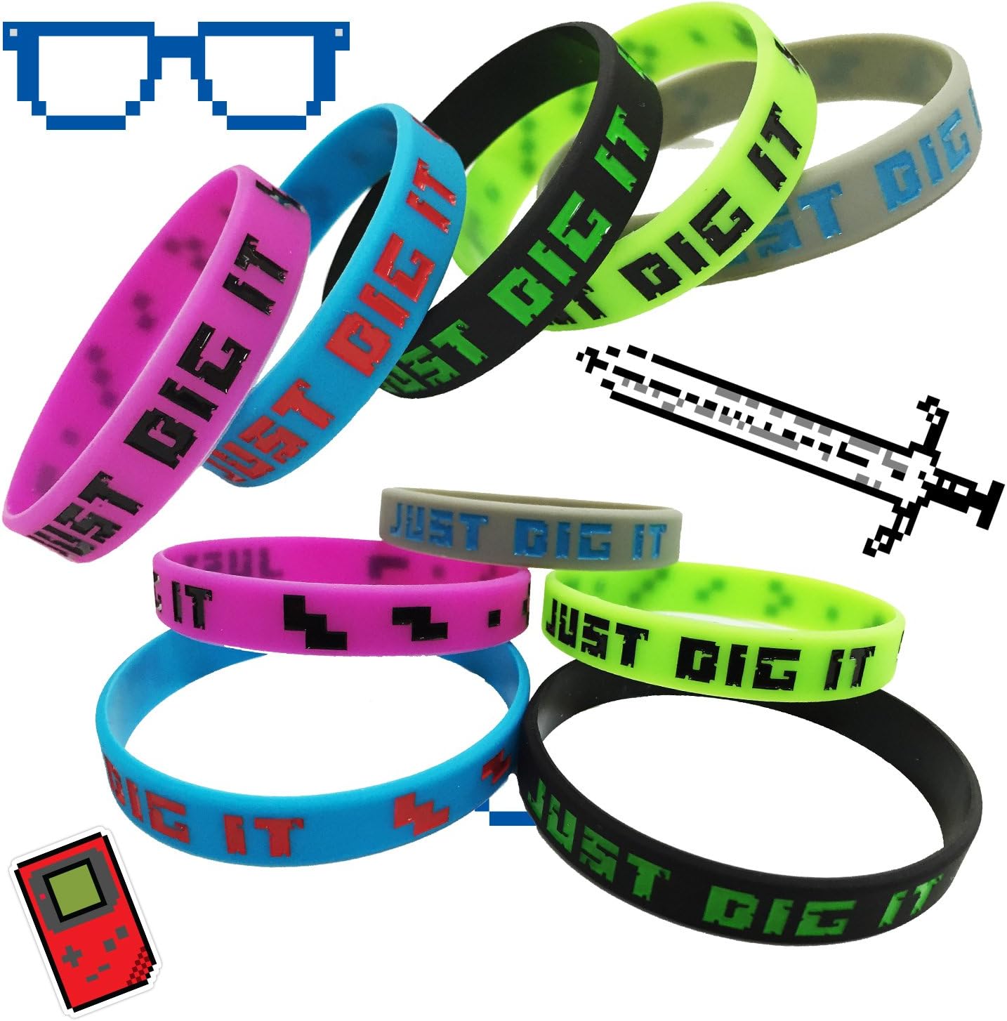 Crush Retro LLC Pixelated Party Favor Miner Silicone Wristband 8-Bit Bracelets 15-Pack