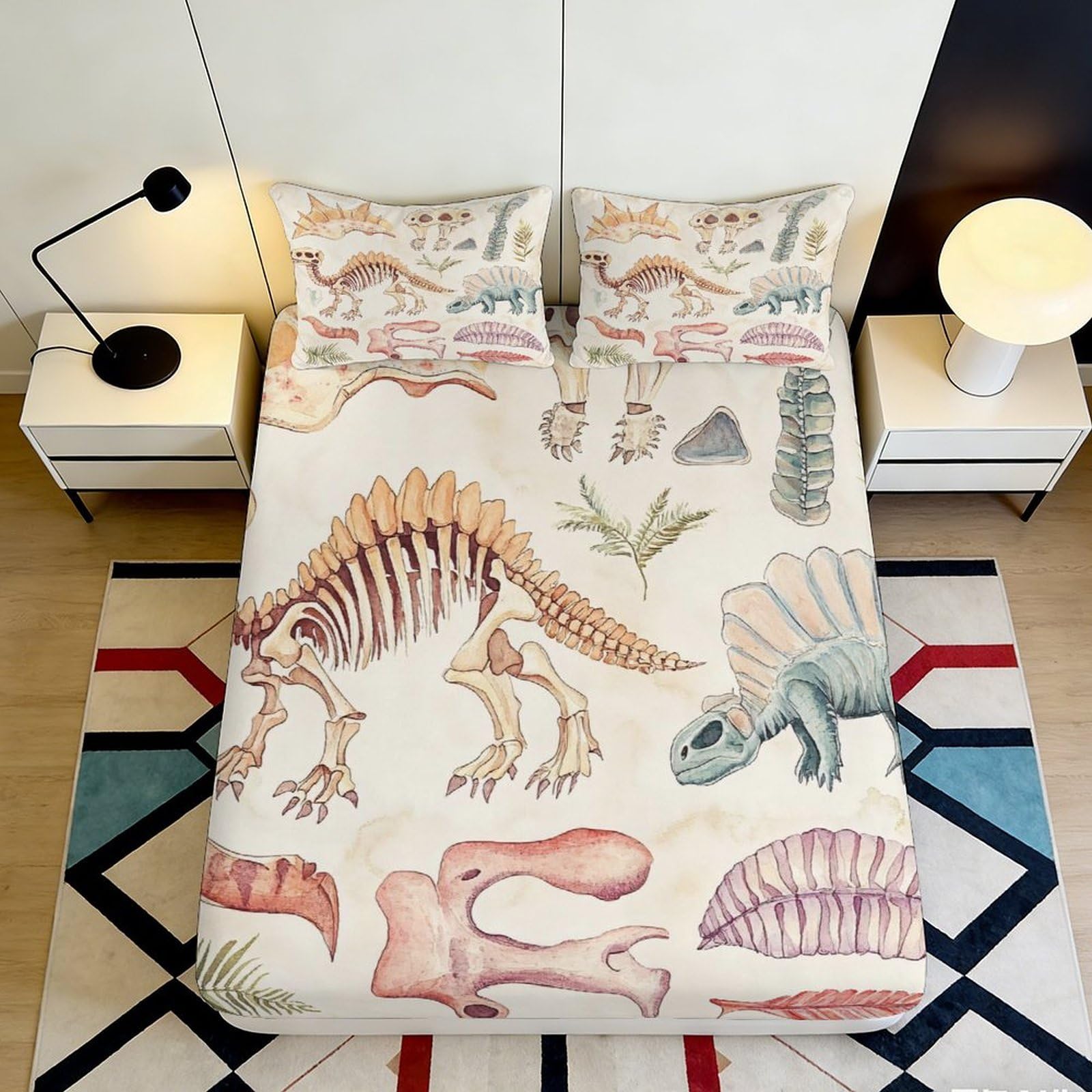 3D Printed Dinosaur Skeleton Fitted Sheet Microfiber Deep Pocket Bedroom Bedding Dinosaur Skeleton Mattress Fitted Cover 140x200x25cm