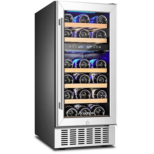 【Upgraded】AAOBOSI 15 Inch Wine Cooler, 28 Bottle Dual Zone Wine Refrigerator with Stainless Steel Tempered Glass Door, Temp Memory Function, Fit Champagne Bottles, Freestanding and Built-in Style