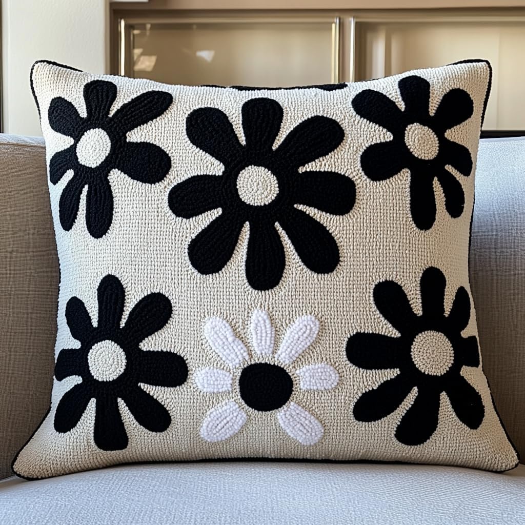 DIY Punch Needle Pillow Kit Black and White Daisy Flowers with Pattern and Hoop Handmade Embroidery Punch Needle Starter Pillowcase Making Set for Home Sofa Decoration 43x43cm-16
