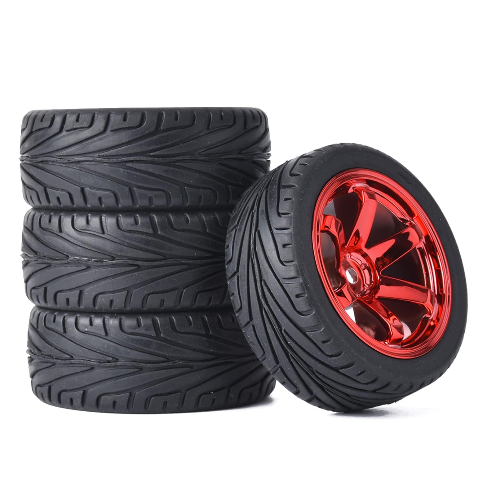 KINGCOO 4PCS 1:10 RC Car Tyre 65mm Rubber Tires and Plastic Wheel Rims for 1/10 On-Road Racing Touring Drift Car Spare Parts for HSP Tamiya HPI Kyosho (Red) โ image 1