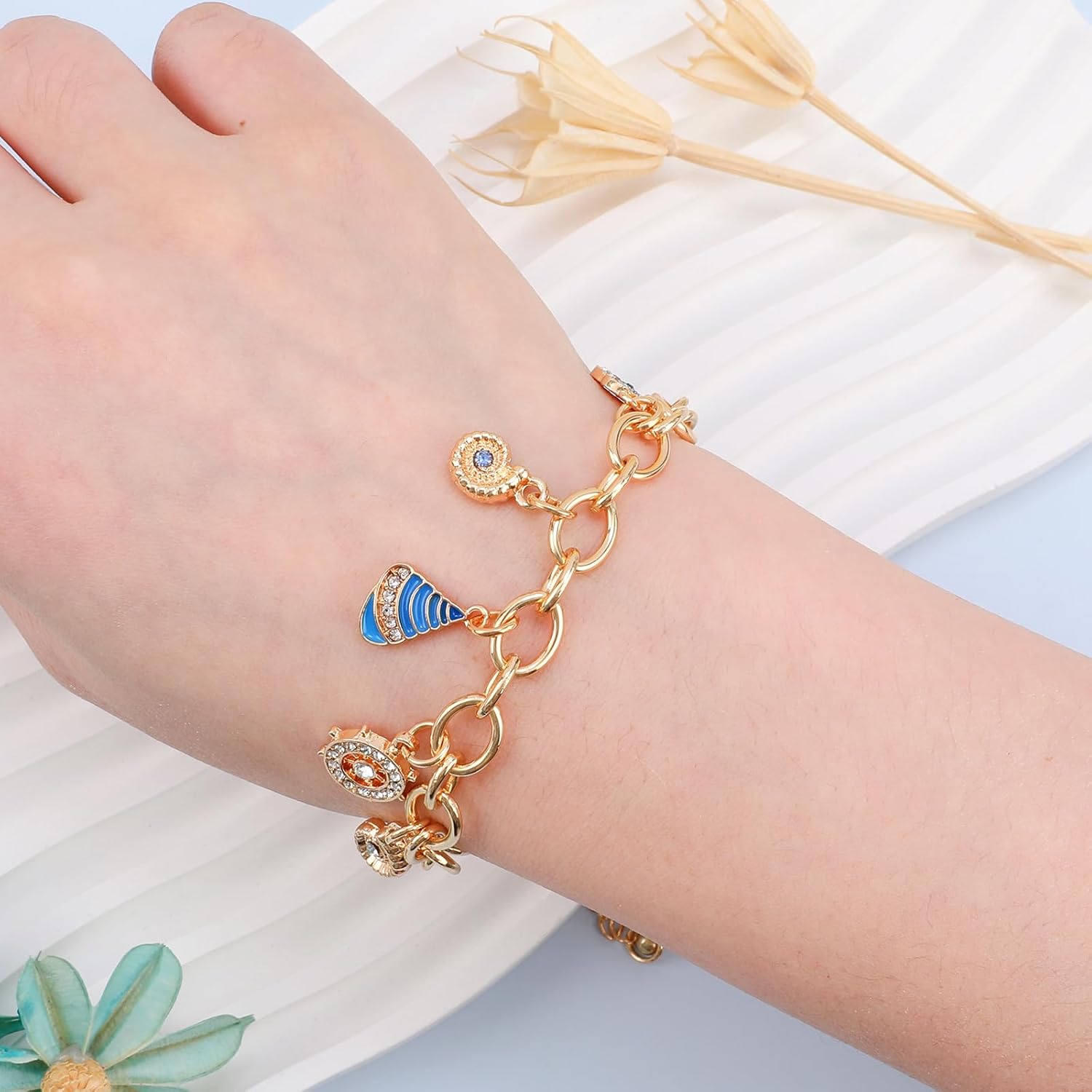 Gold Ocean Charm Bracelet for Women Dangle Gold Seashell Starfish Conch Ship Anchor Pendant Link Bracelet Bohemian Sea Shell Bracelets Adjustable Boho Summer Beach Vacation Jewelry for Women - Image 5