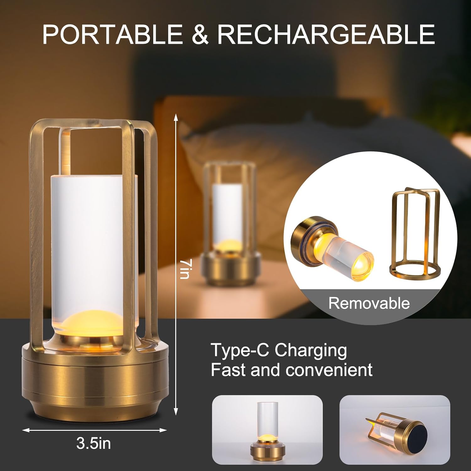 Rechargeable Cordless LED Table Lamp - Waterproof Portable Touch Dimmable Desk Light for Outdoor, Camping, Patio, Bedroom, Living Room - Night Light with Long Battery Life (Gold)