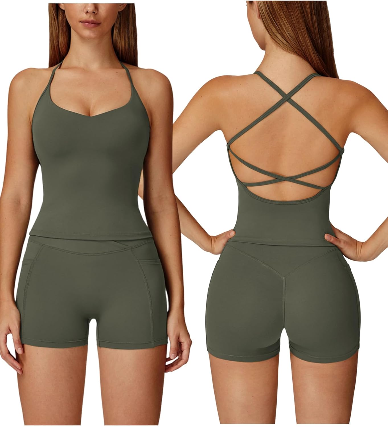 Women 2 Piece Workout Sets Padded Criss Cross Back Crop Tank Tops Tummy Control Biker Shorts Yoga Outfits with Pocket