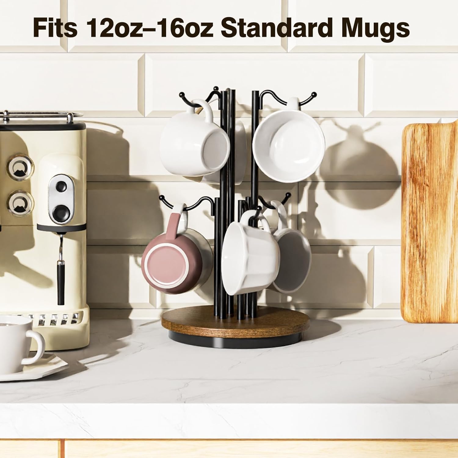 360° Rotating Coffee Mug Tree with 6 Hooks, Wooden Base Mug Holder Stand for Countertop, Space-Saving Kitchen Countertop Organizer for Cabinets & Coffee Bar Decor