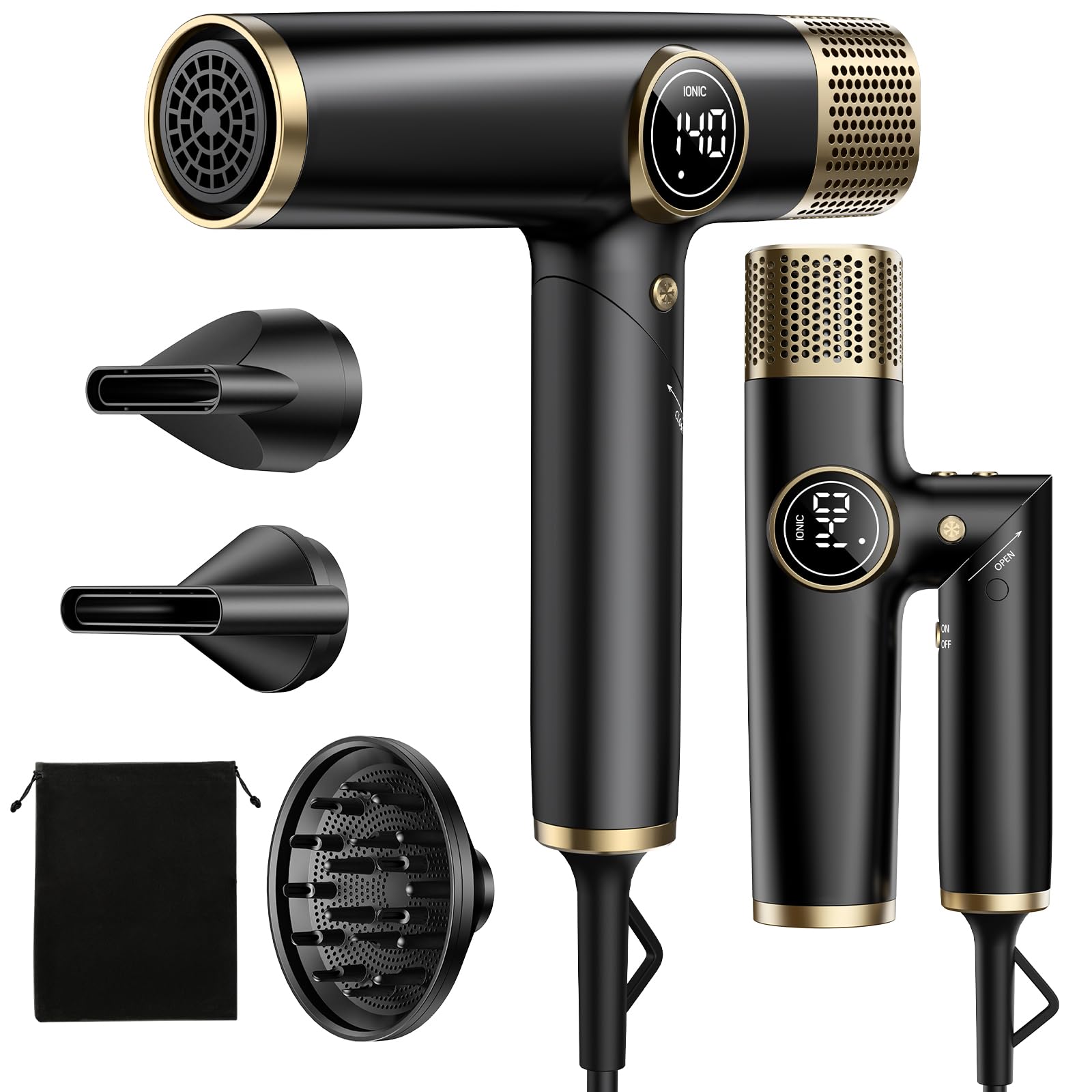 Dual Voltage Travel Hair Dryer with Diffuser, 1900W Professional High-Speed Ionic Blow Dryer for Fast Drying, Lightweight, No Heat Damage, Global Use 110V-240V