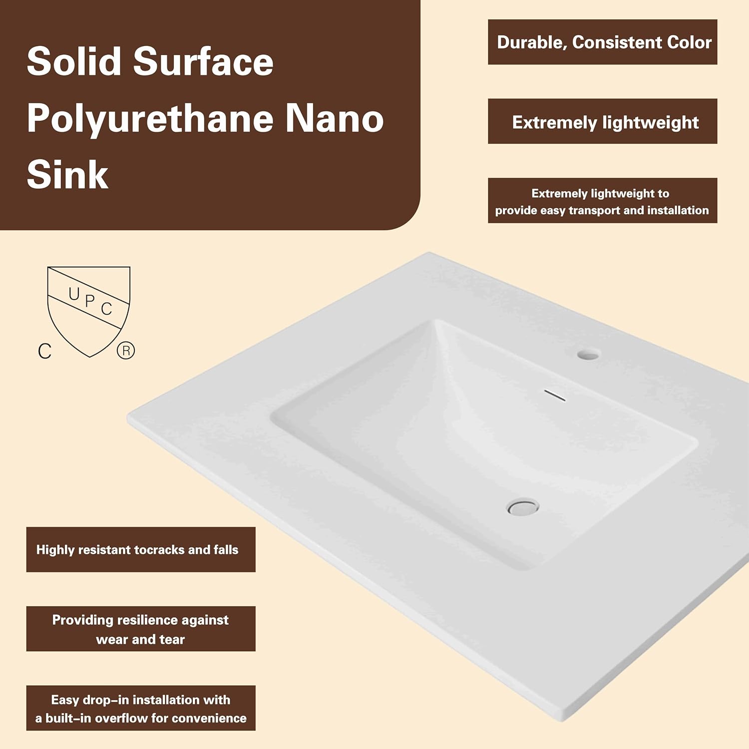 36" Espresso Shaker Bathroom Vanity with Sink – Solid Surface One-Piece Top, Soft-Close Doors, Polyurethane Nano Resin Sink, Pre-Drilled Faucet Hole, Modern Bath Vanity Cabinet Set