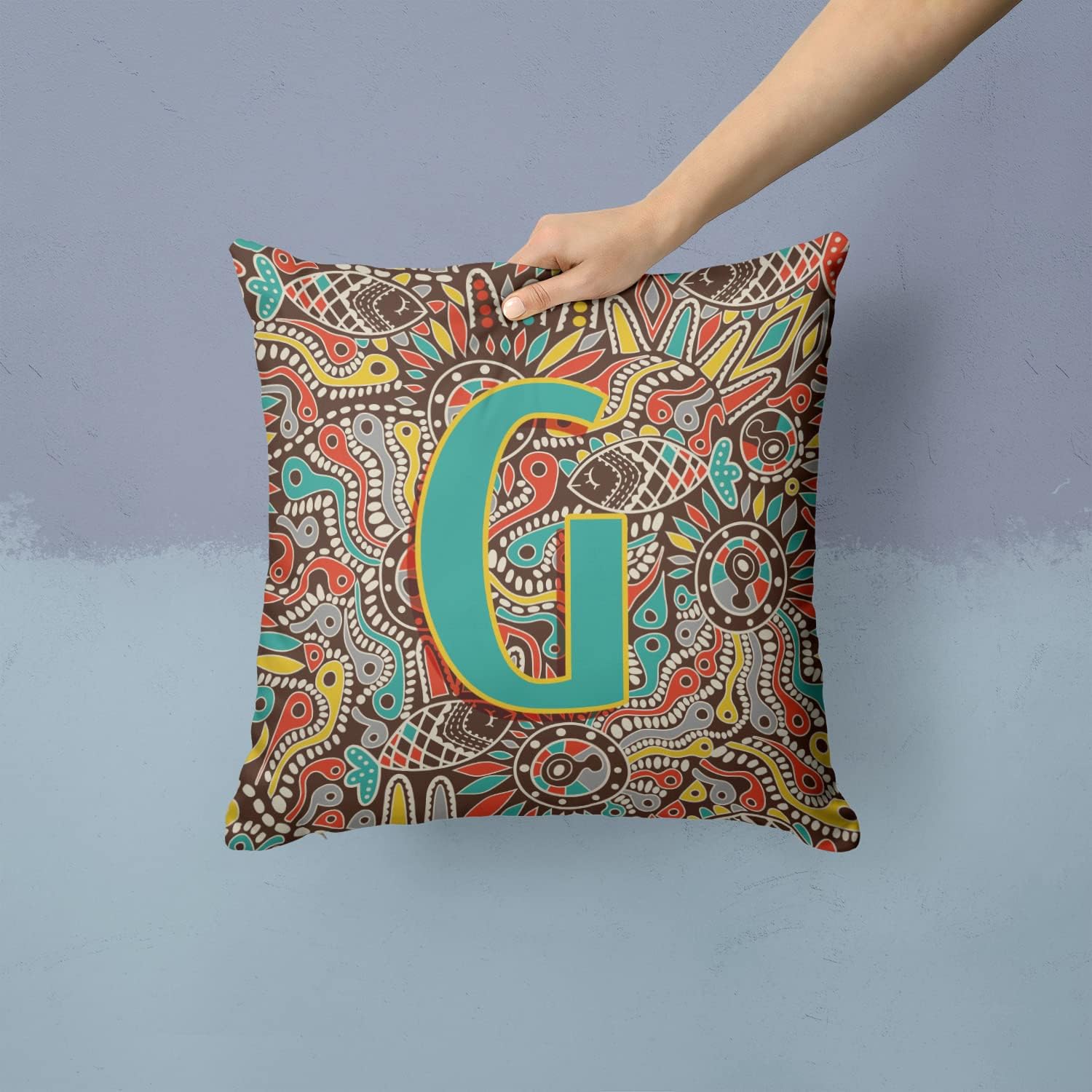 Caroline's Treasures CJ2013-GPW1414 Letter G Retro Tribal Alphabet Initial Fabric Decorative Pillow 100% Machine Washable Pillow, Indoor or Outdoor Decorative Throw Pillow for Couch, Bed or Patio