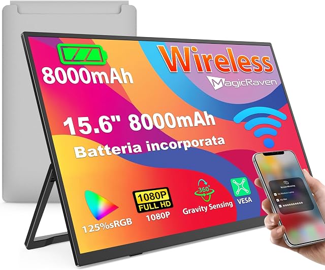 MAGICRAVEN schermo portatile wireless 8000mAh alimentato a batteria, monitor portatile per laptop IPS 1080P da 15,6", portable monitor con altoparlanti, supporto AirPlay/Miracast, per laptop/telefono