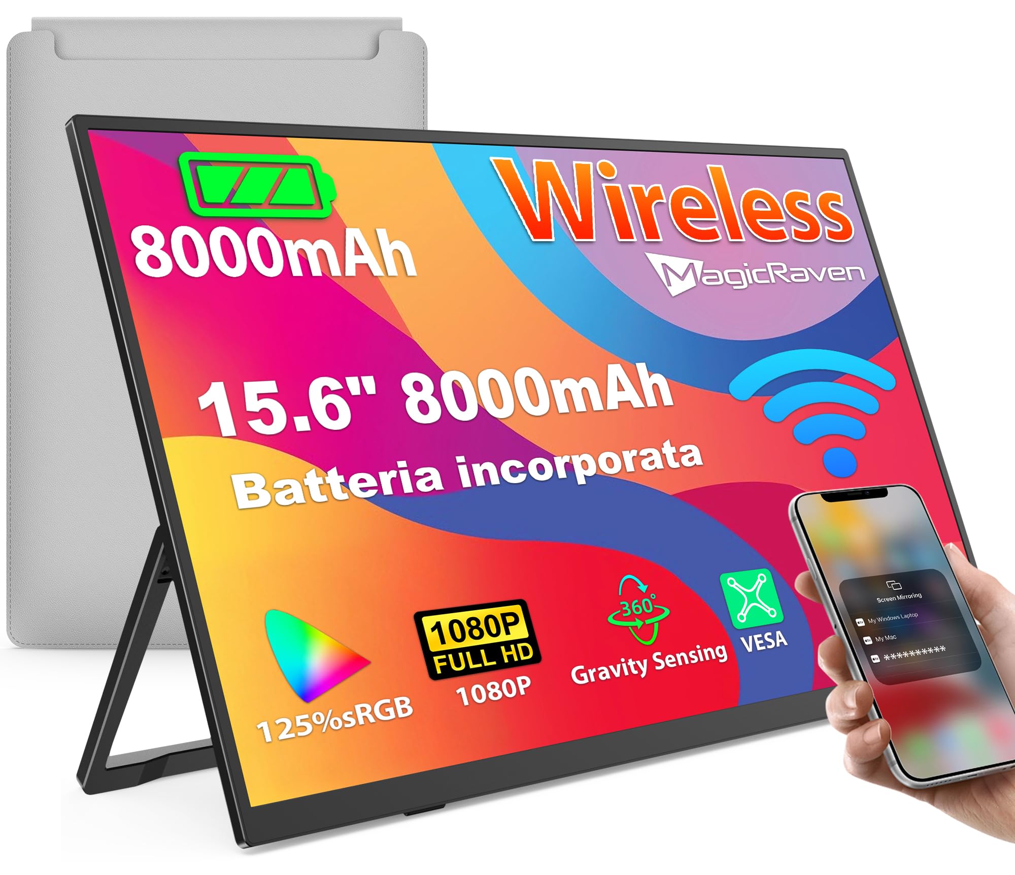 MAGICRAVEN schermo portatile wireless 8000mAh alimentato a batteria, monitor portatile per laptop IPS 1080P da 15,6", portable monitor con altoparlanti, supporto AirPlay/Miracast, per laptop/telefono