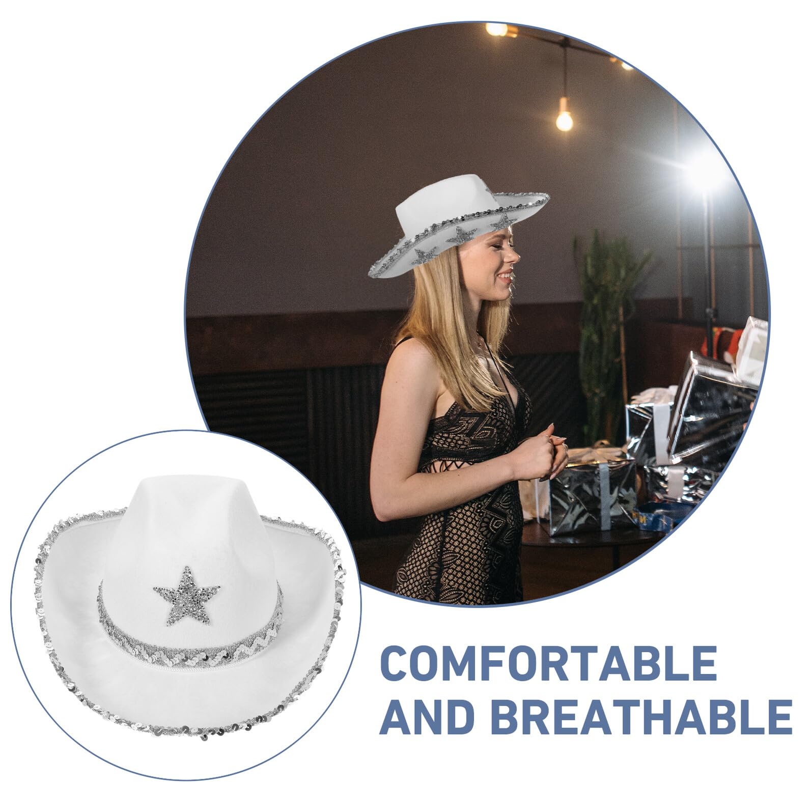 SHINEOFI Sombrero de Vaquera Occidental Blanco para Mujer, Accesorio de Disfraz con Cuerda Ajustable para Fiestas y Eventos Temáticos, Sombrero de Vaquero para Boda y Despedida de Soltera,