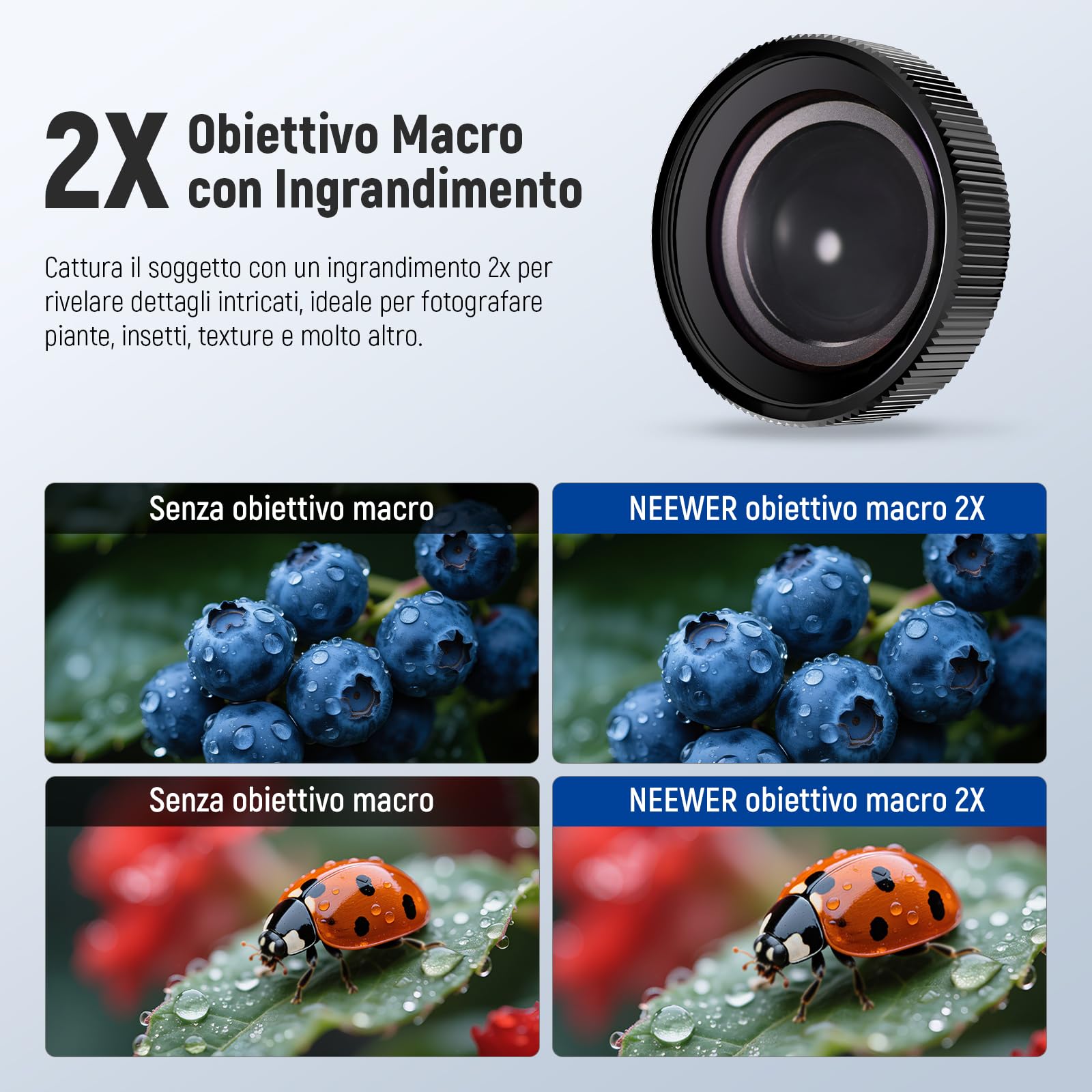 NEEWER Obiettivo Macro Compatibile con DJI Osmo Nano/Action 5 Pro/4, Ingrandimento 2X, 2 Elementi in 1 Gruppo Distanza Focale 3-4cm, Accessori per Fotografia Ravvicinata, Non Impermeabile, LS-68