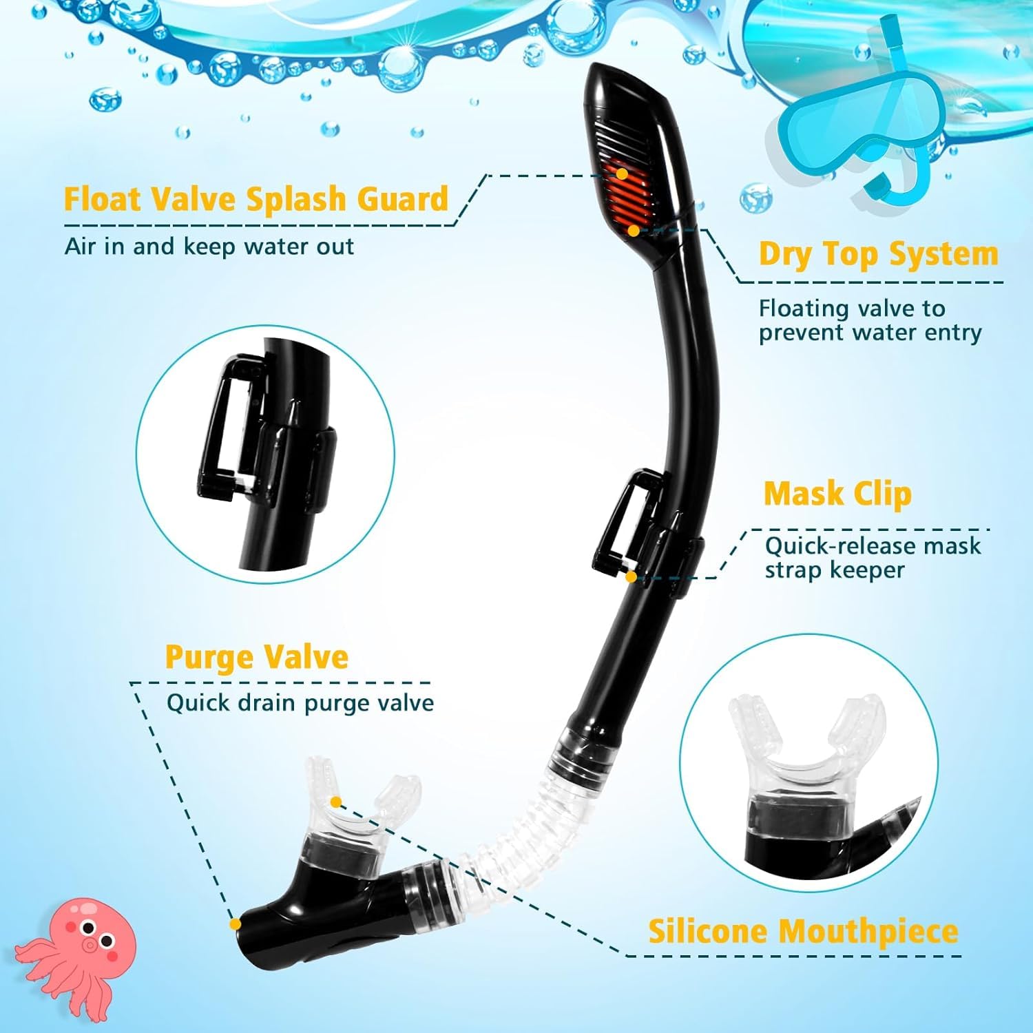 Set da snorkeling per bambini, maschera da snorkeling completamente asciutta per adulti, protezione anti-appannamento, unisex, vista panoramica HD, attrezzatura per snorkeling per bambini dai