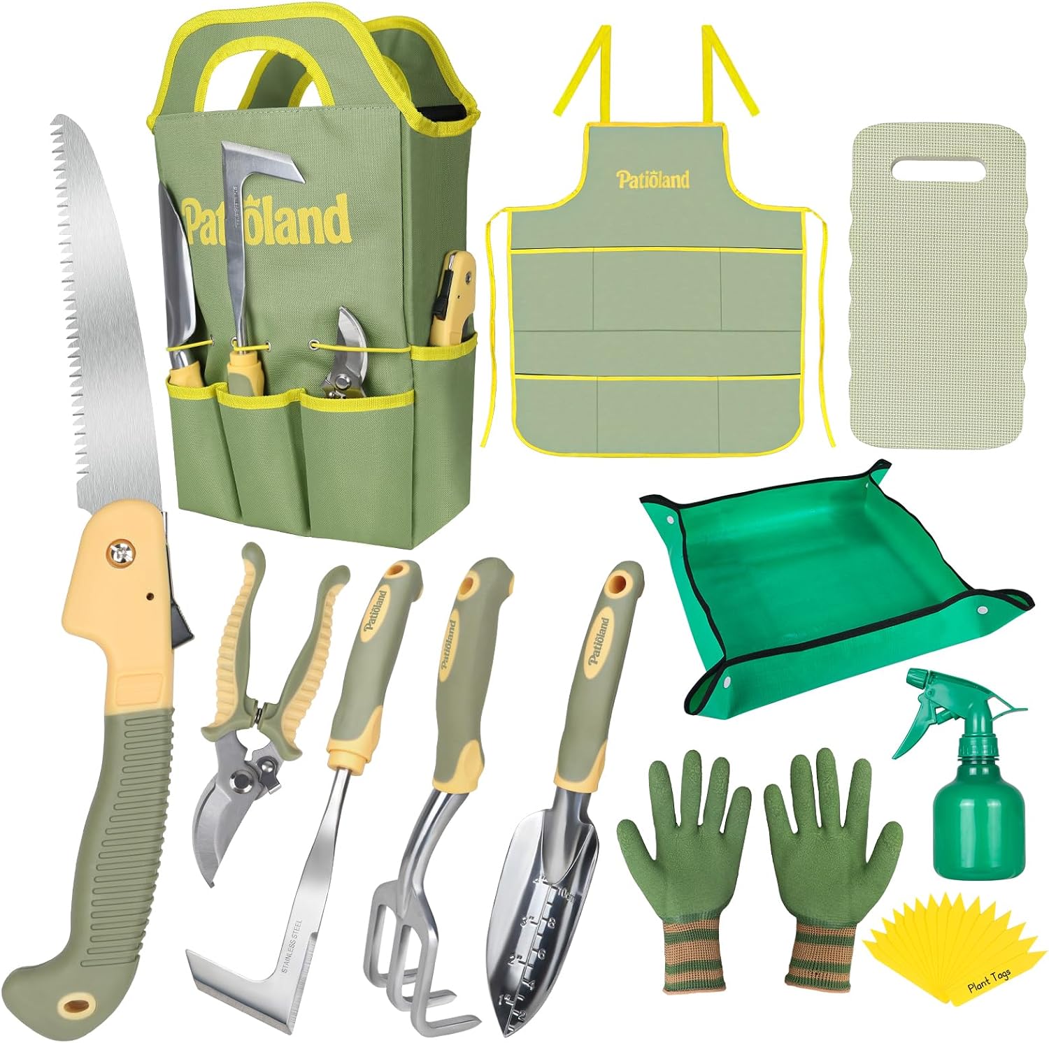 Garden Tool Set 26 Piece, Ergonomic Non-Slip Gardening Kit with Pruning Saw, Shovel, Rake, Weeder, Shears, Apron, Kneeling Pad, Repotting Mat & Tote Bag, Perfect Gardening Gift for Gardener, Green