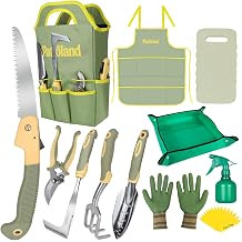 Green Garden Tool Sets 26-Piece, Ergonomic Gardening Hand Tools Kit with Non-Slip Rubber Grip, Garden Handbag, Kneeling Pad, Repotting Mat for Indoor Plants&15 Plant Tags, Garden Gifts for Women Men