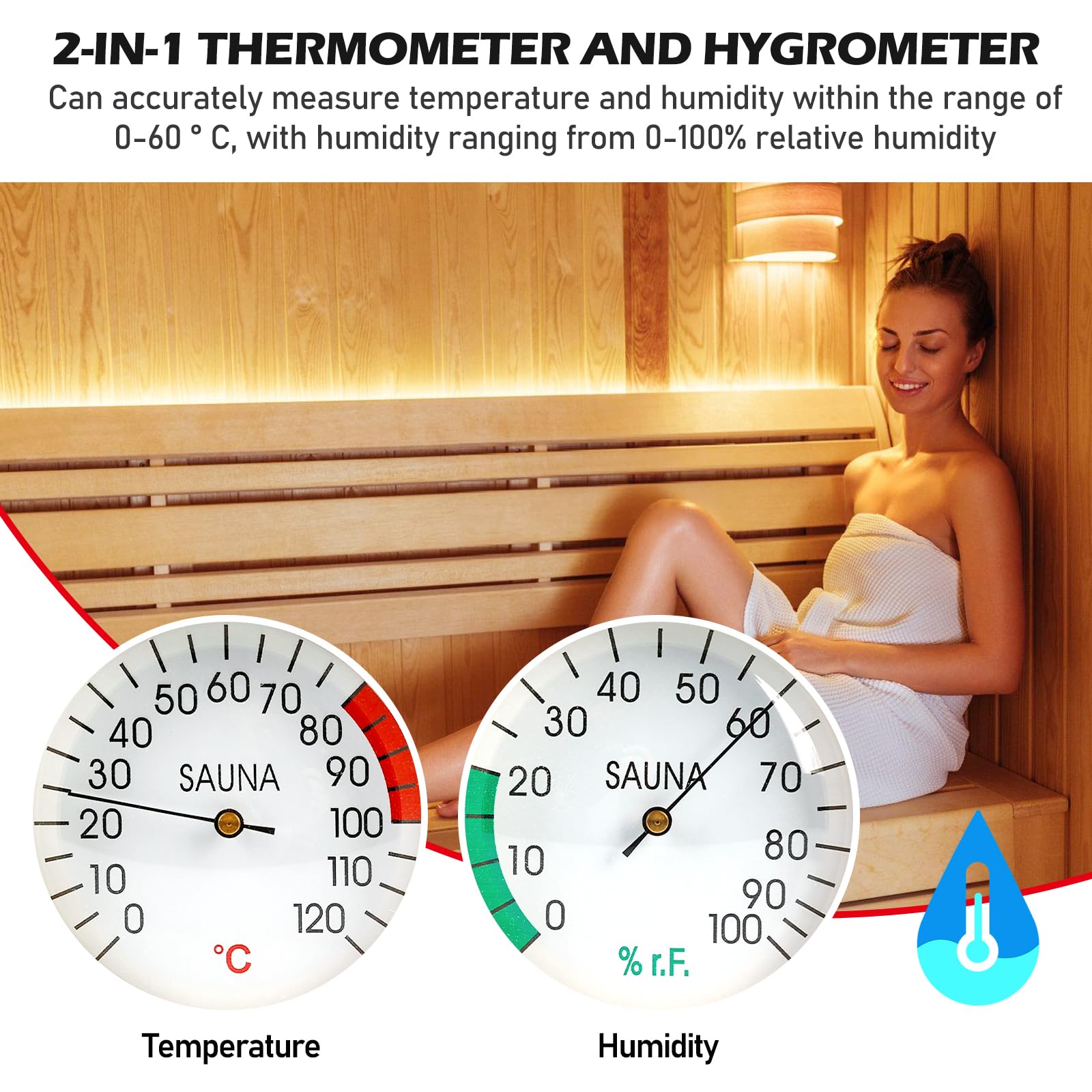 BORDEAG Thermomètre Et Hygromètre 2 En 1 De Sauna Thermomètre Hygromètre En Bois, Thermo-Hygromètre Thermomètre Analogique Hygromètre Thermomètre De Sauna Hygromètre Pour Intérieur Extérieur
