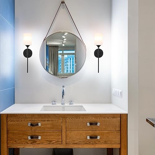 Miniatura 3 de Lámpara de pared moderna de mediados de siglo, paquete de 2 con pantallas cilíndricas blancas de cristal, aplique de pared negro mate, iluminación