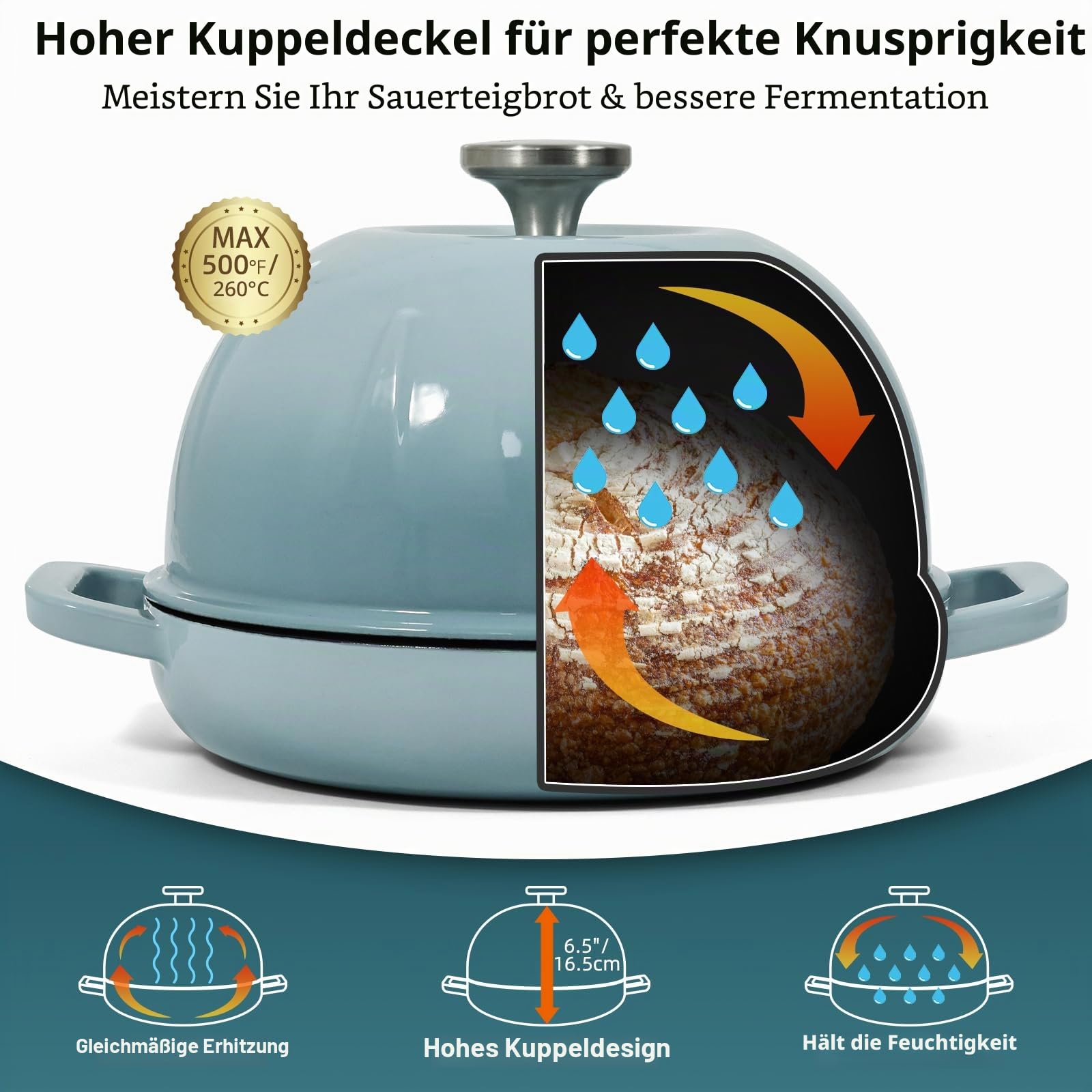 Davivy Gusseisen Topf Brot Backen, 5,35L/25cm Bräter Emaille Schmortopf mit Hochgewölbter Deckel und Griffen, Brotbacktopf mit Gärkorb für Küche Backen, Dutch Oven mit Brotschlinge (Meersalzblau)