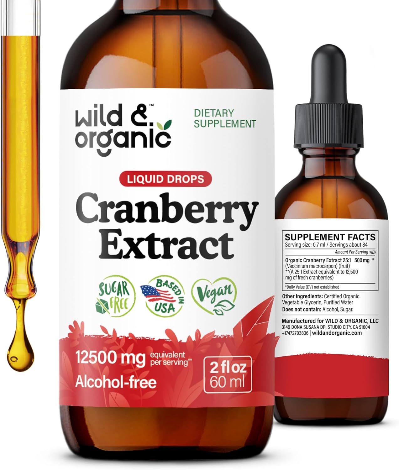 Wild & Organic Cranberry Supplement Drops - Urinary Tract Support for Women & Men - Pure Cranberry Extract Liquid Supplement - Vegan, Sugar & Alcohol-Free Tincture - 2 fl oz