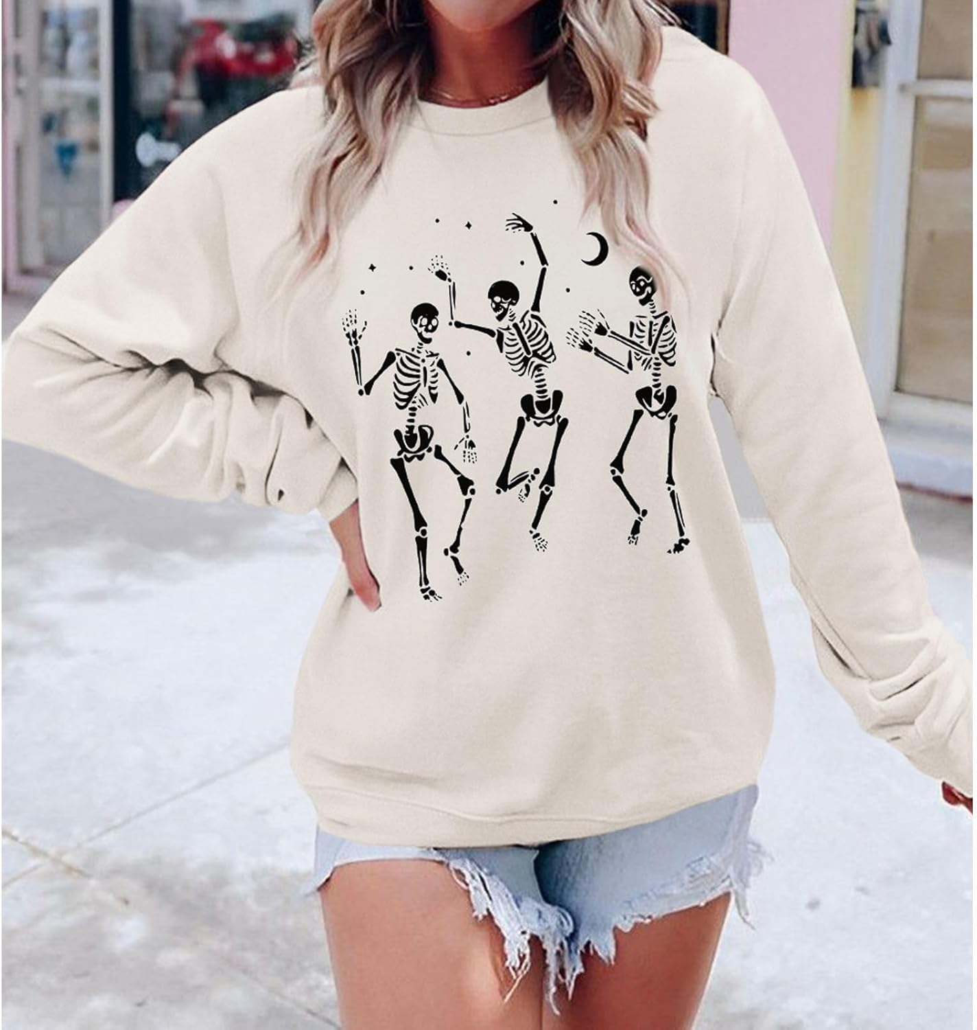 Women's Halloween Dancing Skeleton Sweatshirts Spooky Season Horror Skull Printed Pullover Shirt Oversized Tee Top - Image 5