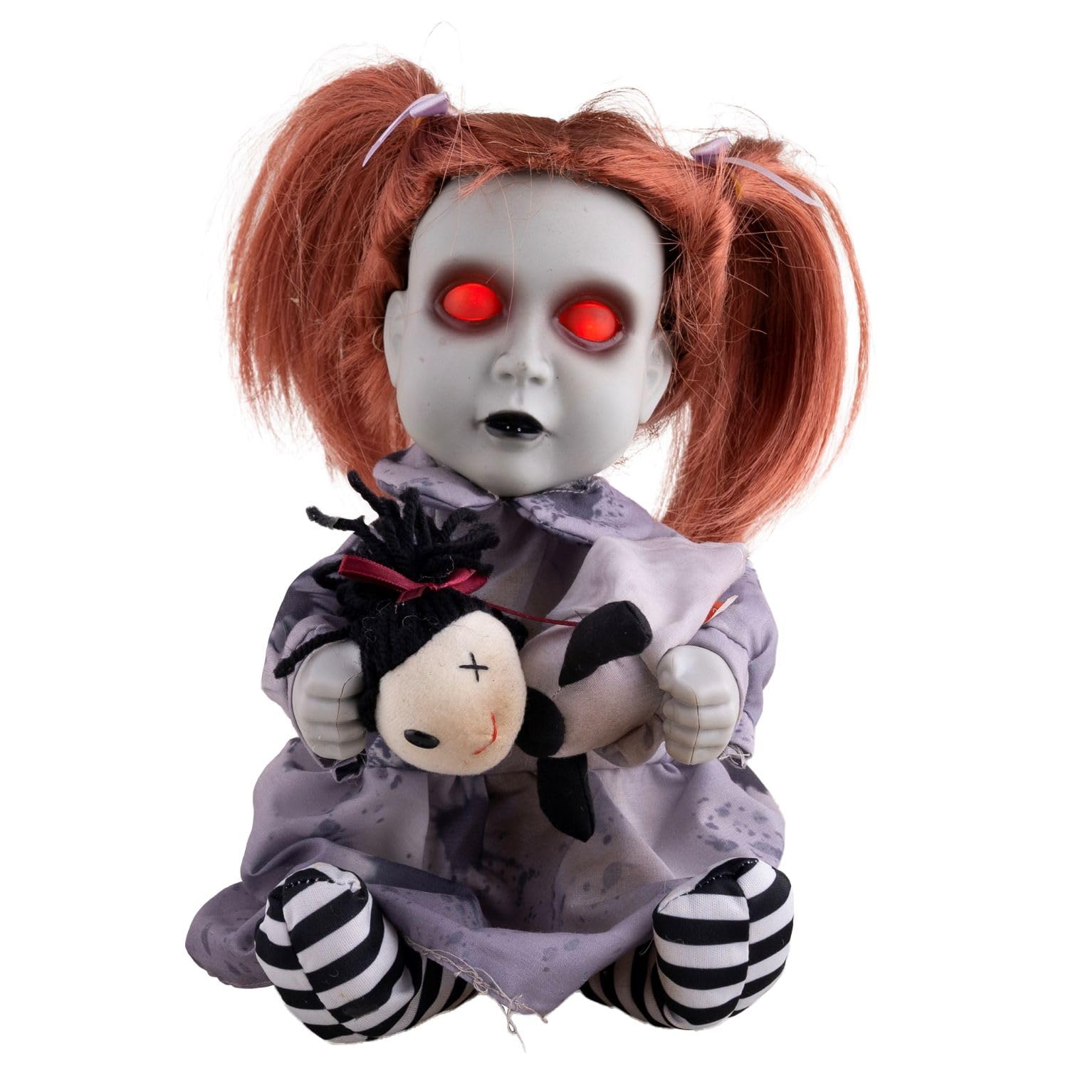 Funny Fashion Halloween Dekofigur „Geisterpuppe mit Teddybär“ 26 cm | Animiert mit Licht & Sound | Grusel Tischdeko
