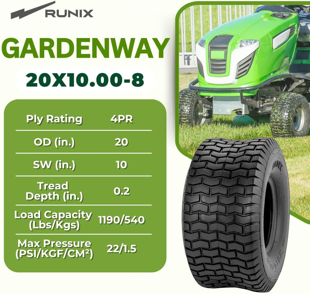 RUNIX 20X10.00-8, Set of 2, GardenWay, Lawn Mower Golf Cart Turf Tires, 4PR, Tubeless, Riding Lawn Mower Tires, Tractor Tire 20X10X8