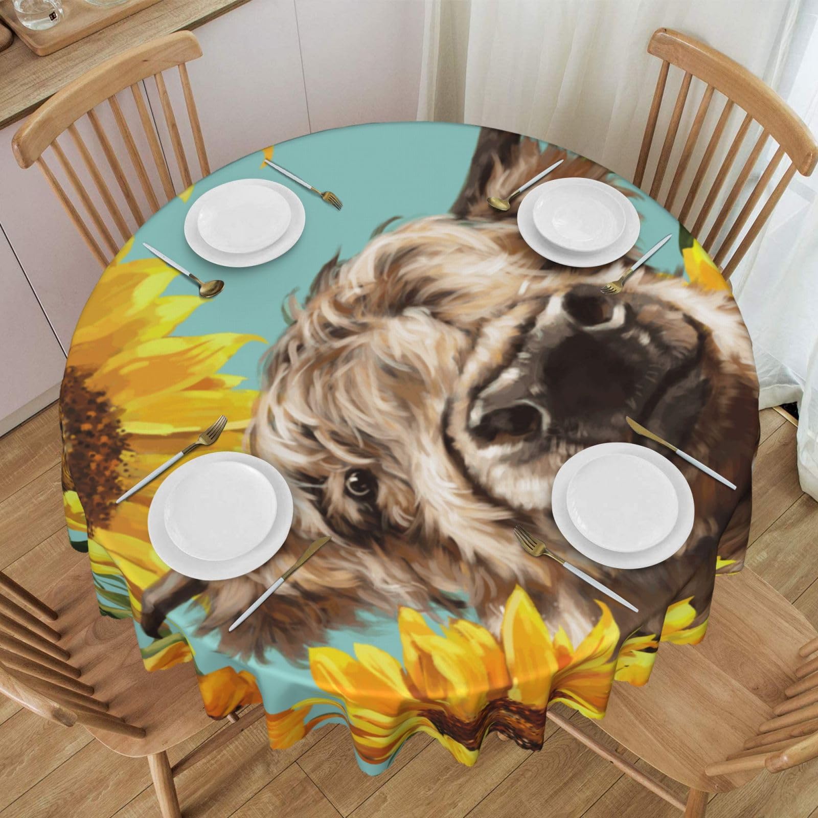 DCEHGEW 60 In Round Tablecloth with Lace, Cow with Sunflowers in Blue Printed Oilproof & Washable Fabric Picnic Table Cloth Table Covers