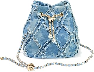 OOAAVVJL Small Denim Bucket Bag for Women, Quilted Jean Drawstring Purse with adjustable & detachable Strap,Stylish Shoulder Handbag