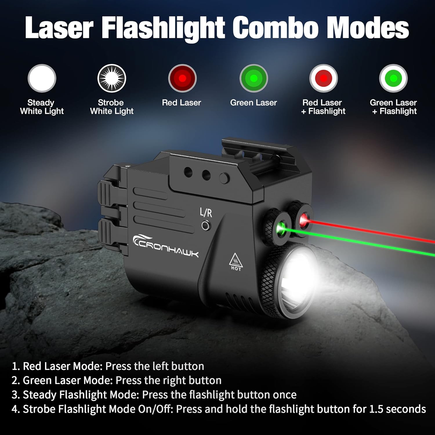 CRONHAWK 500 Lumens Red and Green Laser Light Combo, Rail Mounted Pistol Flashlight with Double Lasers Beam, Magnetic Charging Handgun Flashlight, Laser Class II