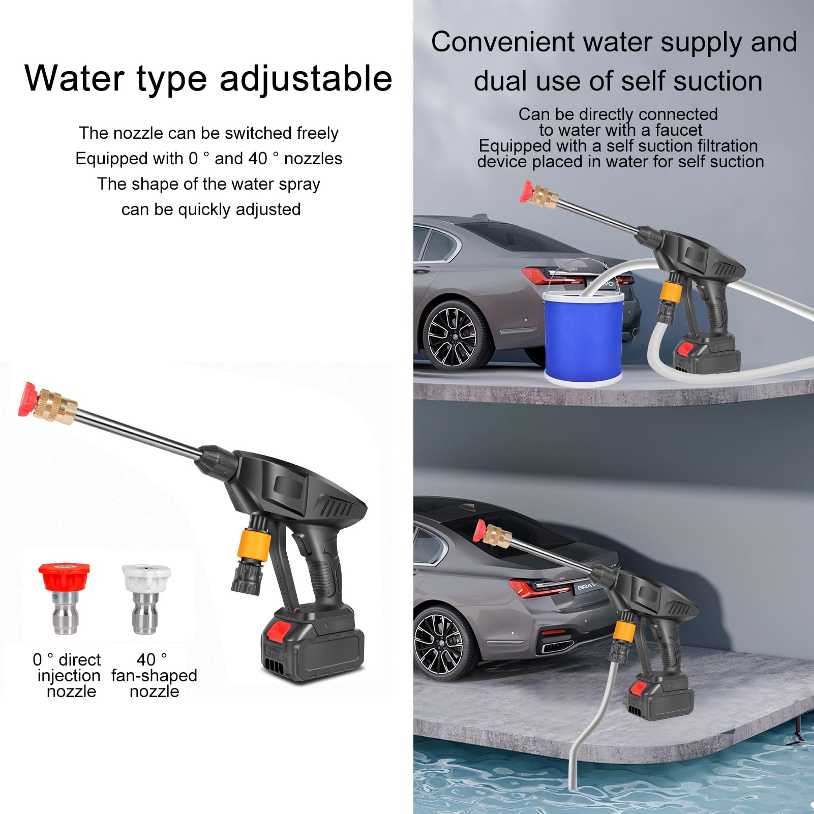 Idropulitrice A Batteria con Kit di Accessori, Nuovo Ugello Regolabile Aggiornato, Idropulitrice A Getto d'Acqua Ad Alta Pressione in Metallo per La Pulizia E Il Lavaggio Dell'auto(Color:A)