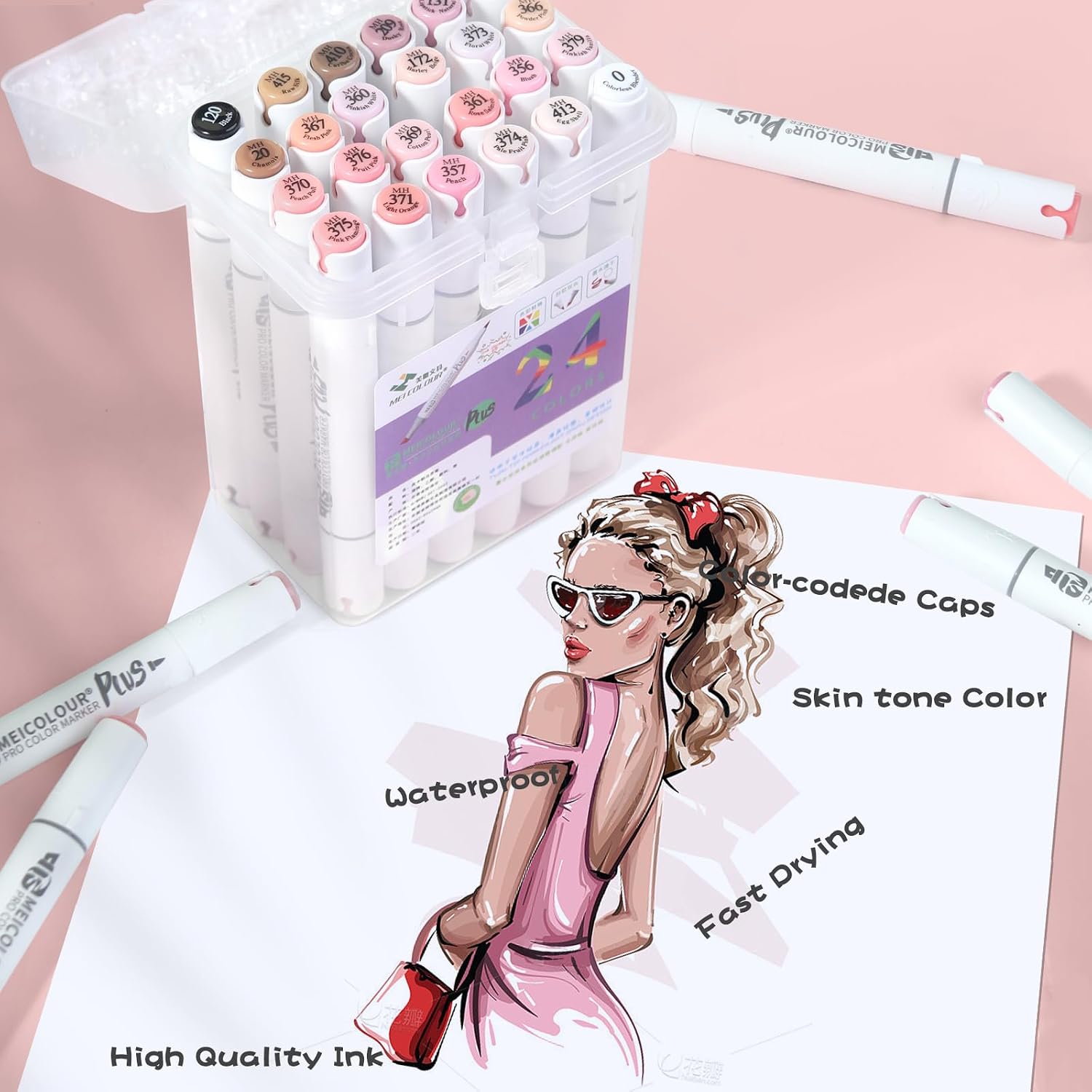 Skin Tone Alcohol Markers Painting Set for Adults Artists, 24 Color BrushTips Art Mark Pen, Drawing Professional Coloring Marker Christmas