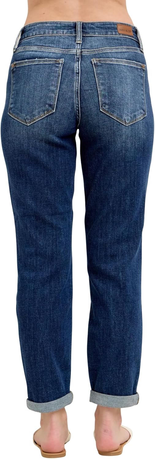 Judy Blue Classic Mid Rise Cuffed Boyfriend Jeans – Rollable Cuff, Relaxed Fit, Medium Wash, Core Collection Stretch Denim
