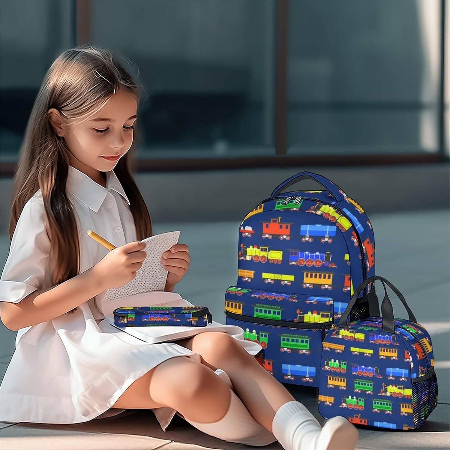 Train Girls Backpack with Lunch Box, Set of 3 School Backpacks Matching Combo, Lightweight Dark Blue Bookbag And Pencil Case Bundle