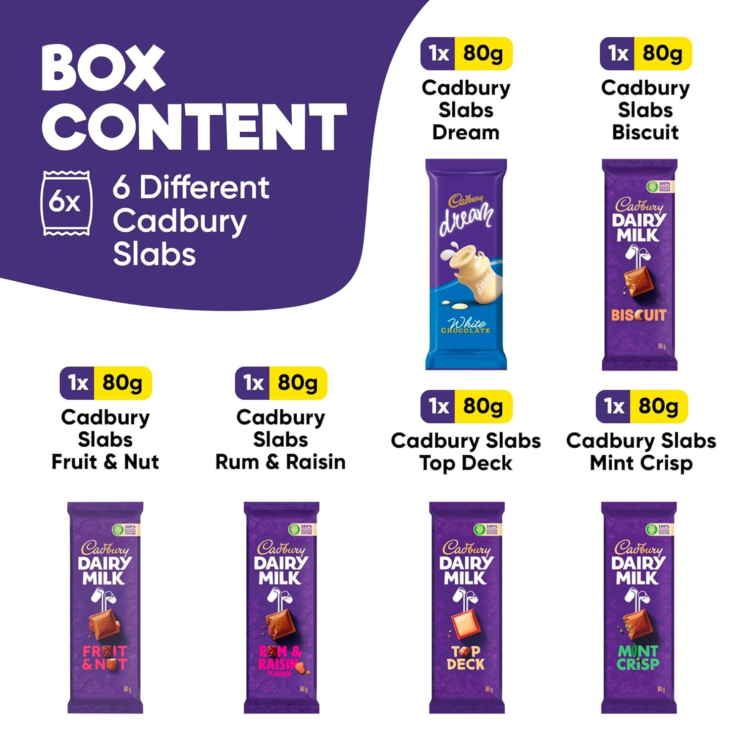 Cadbury Slabs Chocolate Box 6-Piece Assortment of Premium Cadbury Slabs Including Fruit & Nut, Rum & Raisin, Mint Crisp, Top Deck, Dream Biscuit, and Biscuit –Indulgent Chocolate Gift for Any Occasion