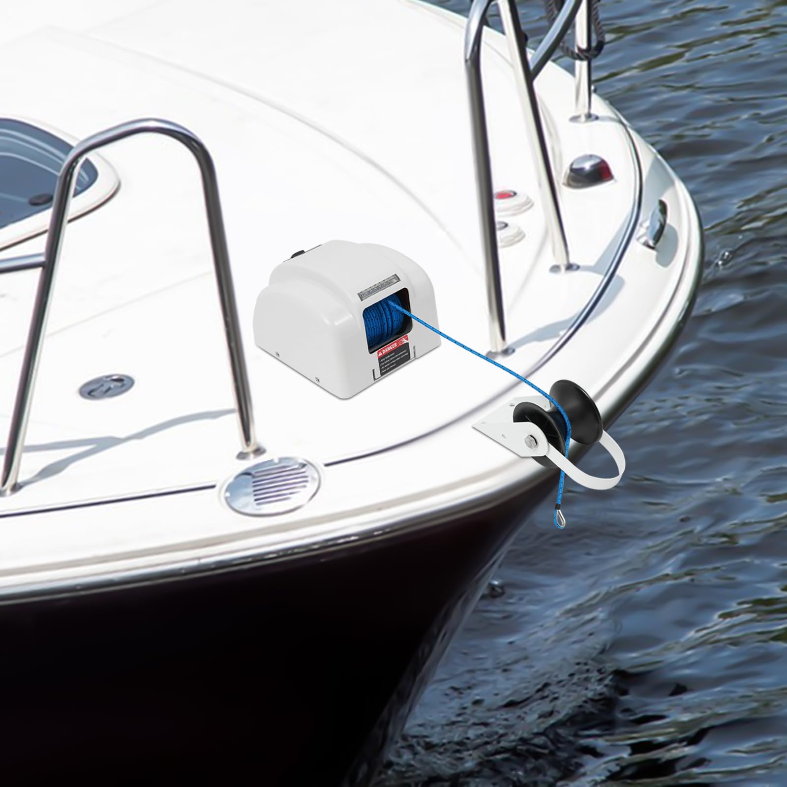 Treuil électrique d'ancre pour bateaux avec télécommande sans fil, sel marin 25LBS Treuil électrique d'ancre 30M 12V blanc, sel marin pour ancre jusqu'à 20KG, télécommande