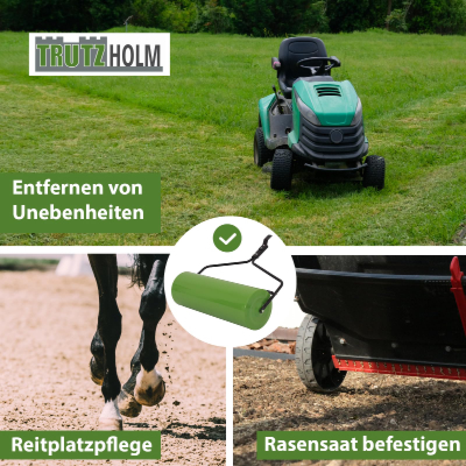 TRUTZHOLM Rasenwalze 97 cm für Rasentraktor ATV befüllbar Wasser oder Sand bis 95 L Schmutzabweiser Gartenwalze Ackerwalze