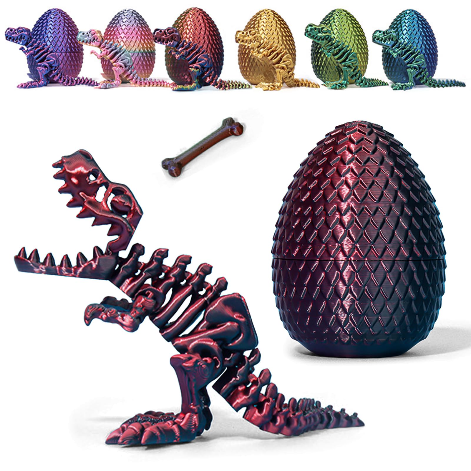3D Printed Dinosaur Eggs with Dinosaurs Inside, Mystery Crystal Dinosaur Flexible Rex Toys with Bone, Full Articulated Fidget Dragon, Home Office Desk Decor Gift for Adult (Black & Red)
