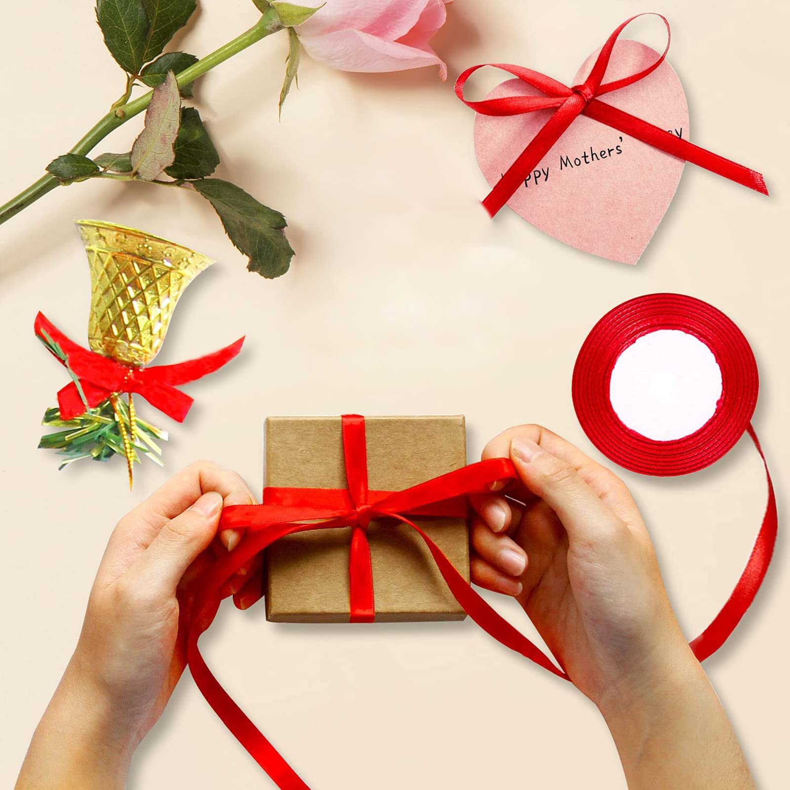 AOKSUNOVA Nastro di raso da 1 cm con cuori rossi, set regalo per San Valentino, matrimonio, confezione regalo