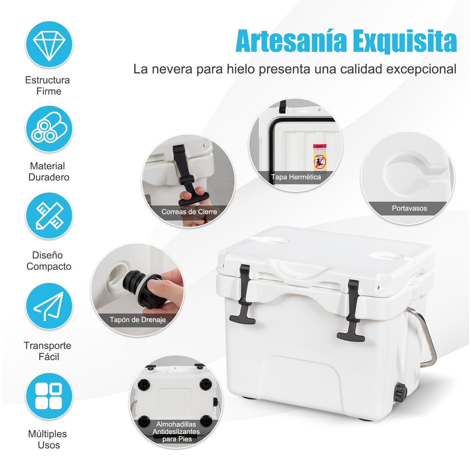 COSTWAY Nevera Portátil de 15 L, Nevera Playa Resistente con Mango, Tapón de Drenaje y 2 Portavasos, Retención de Hielo de 3-5 Días para Alimentos y Bebidas, Ideal para Acampar, Pescar