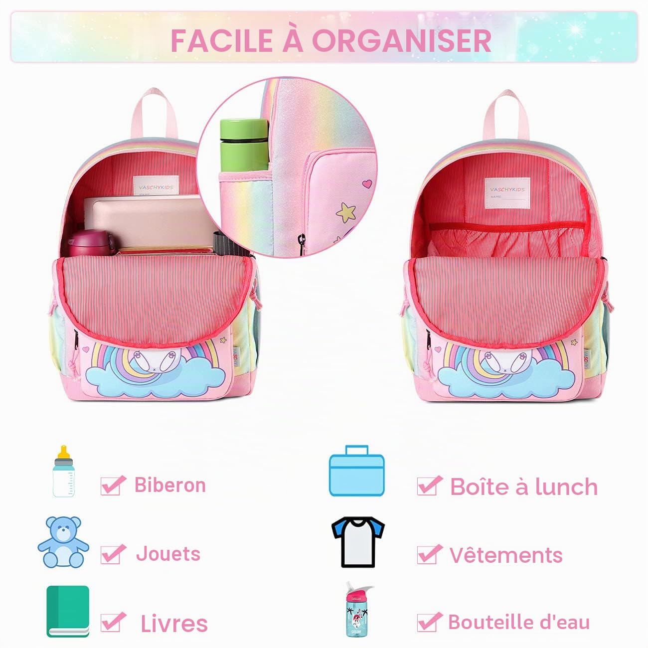 Sac à Dos Enfant, VASCHY Cartable Filles Primaire 4-6 Ans Léger Brillant Imperméable Sac a Dos Licorne Mignon pour A4 Dossier Maternelle École avec Sangle de Poitrine