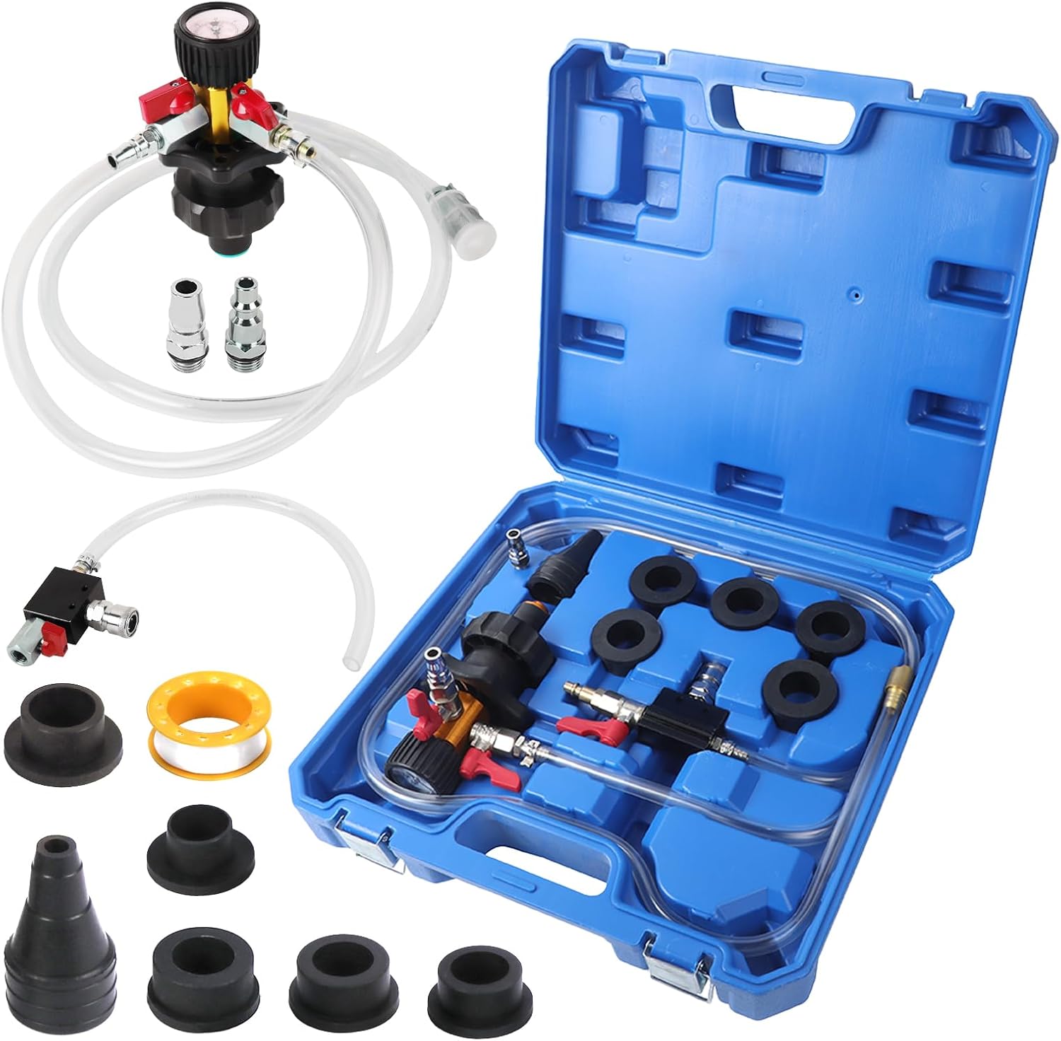PLAYOCCAR Coolant Vacuum Refill Kit,Universal Coolant Vacuum Filler Automotive Cooling System with Pressure Gauge, 7 Adapters,Hoses for All Vehicles Radiator Pressure Tester