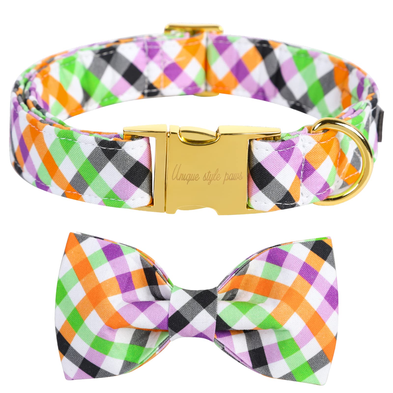 Unique style paws Halloween Hundehalsband, Kariertes Haustierhalsband Hundefliege Geschenk für Mädchen oder Jungen Hunde, verstellbares Hundehalsband für kleine mittelgroße Hunde-XL