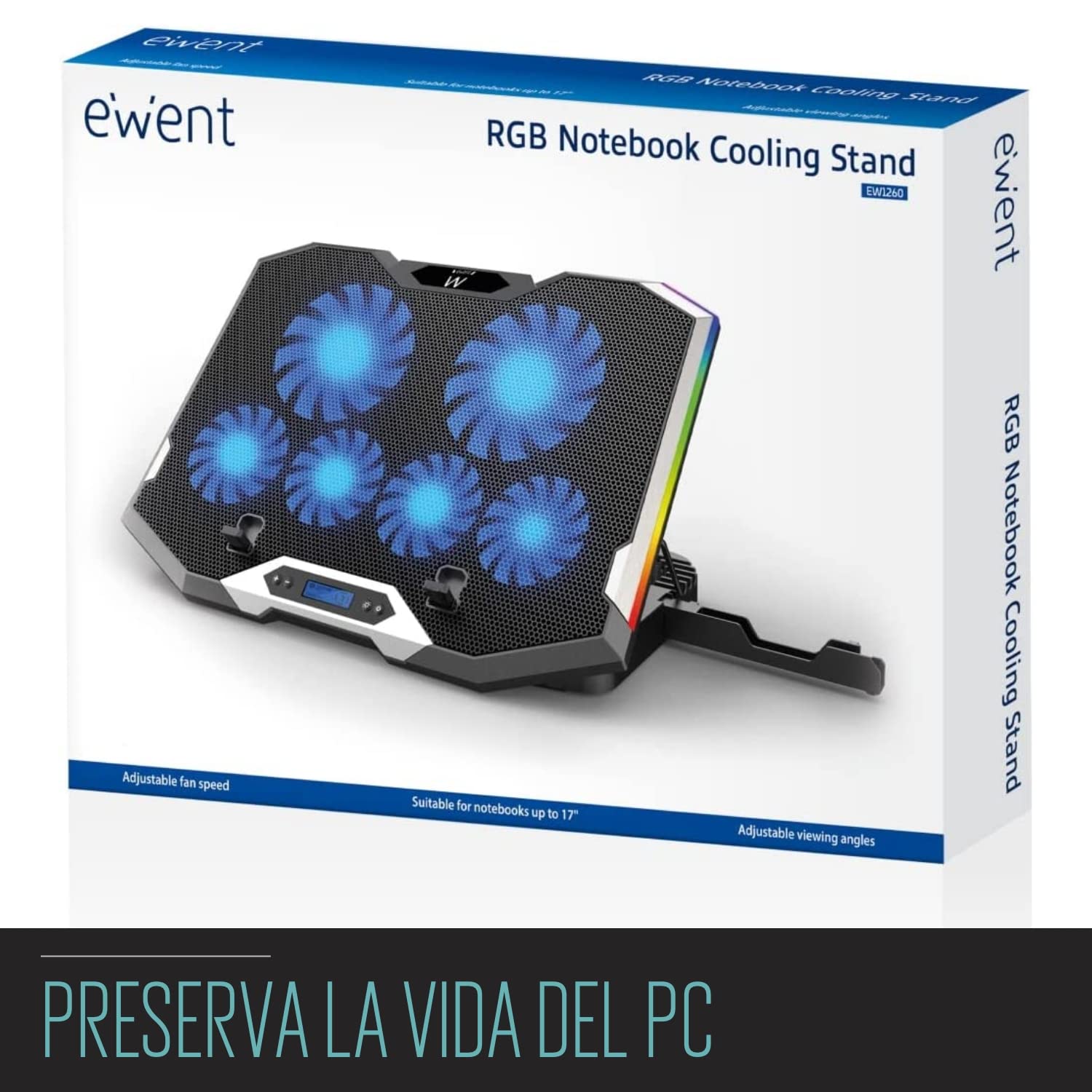 Ewent EW1260 - Soporte y Ventilador para Portátil - Silencioso - 6 Ventiladores de Velocidad Ajustable - para Portátiles de hasta 17" - Pantalla LCD - 2 Puertos USB - 7 Luces LED - Diseño Ergonómico