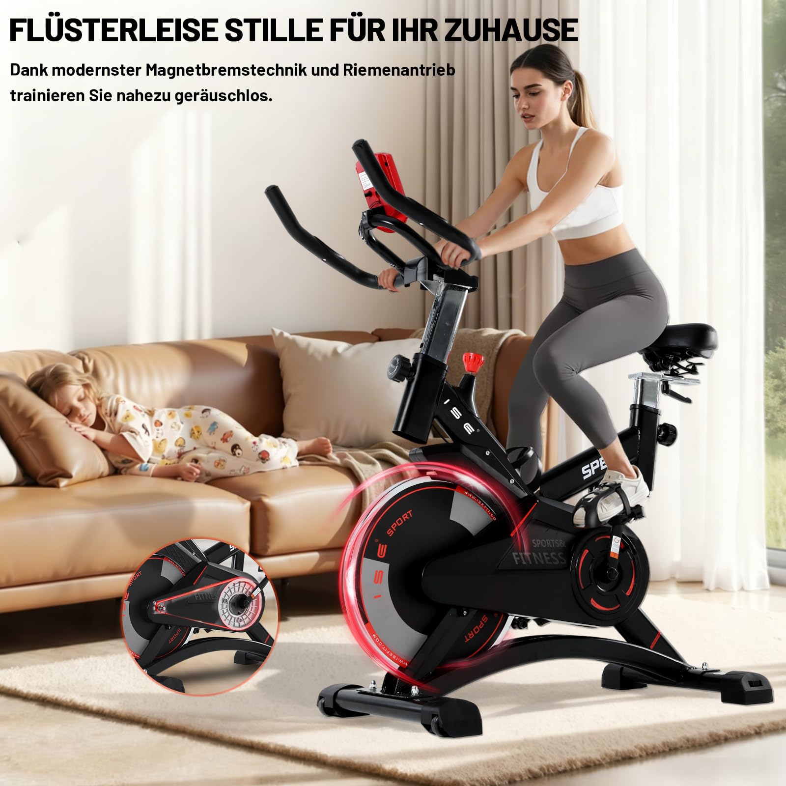 ISE Aktualisierte Heimtrainer Fahrrad,Hometrainer Fahrrad mit Verstellbarem Widerstand,Indoor Bike mit Flüsterleise,Schweres Schwungrad und Verbesserter LCD-Monitor,Indoor Cycling Bike