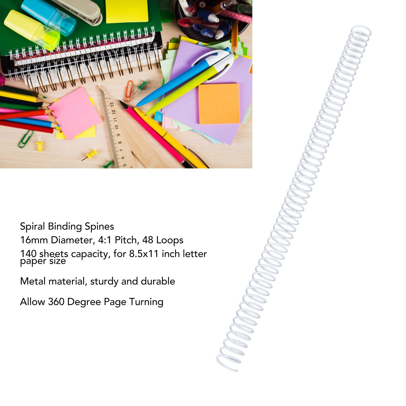 Bobine di rilegatura a spirale in plastica 100 pezzi, 16 mm / 5/8, capacità 140 fogli, 48 anelli Passo 4:1 Filo singolo per carta formato Lettera A4