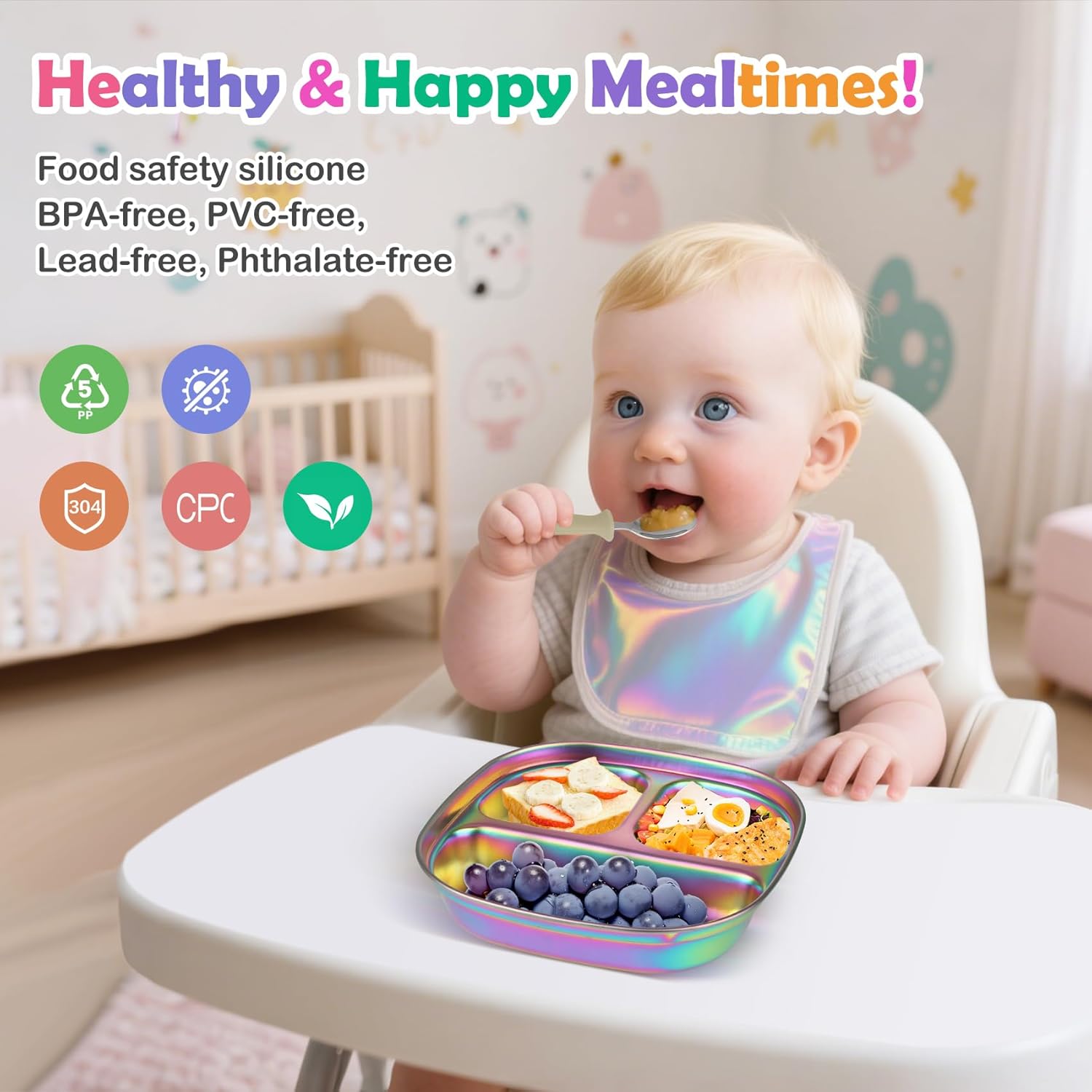 3Pack Stainless Steel Kids Plates, Kids Toddlers Babies Tray, Balanced Bites Divided Plates for Toddlers, BPA Free, Portion Control Plate, Dinner Snack, 3 Compartment Plate - Image 2